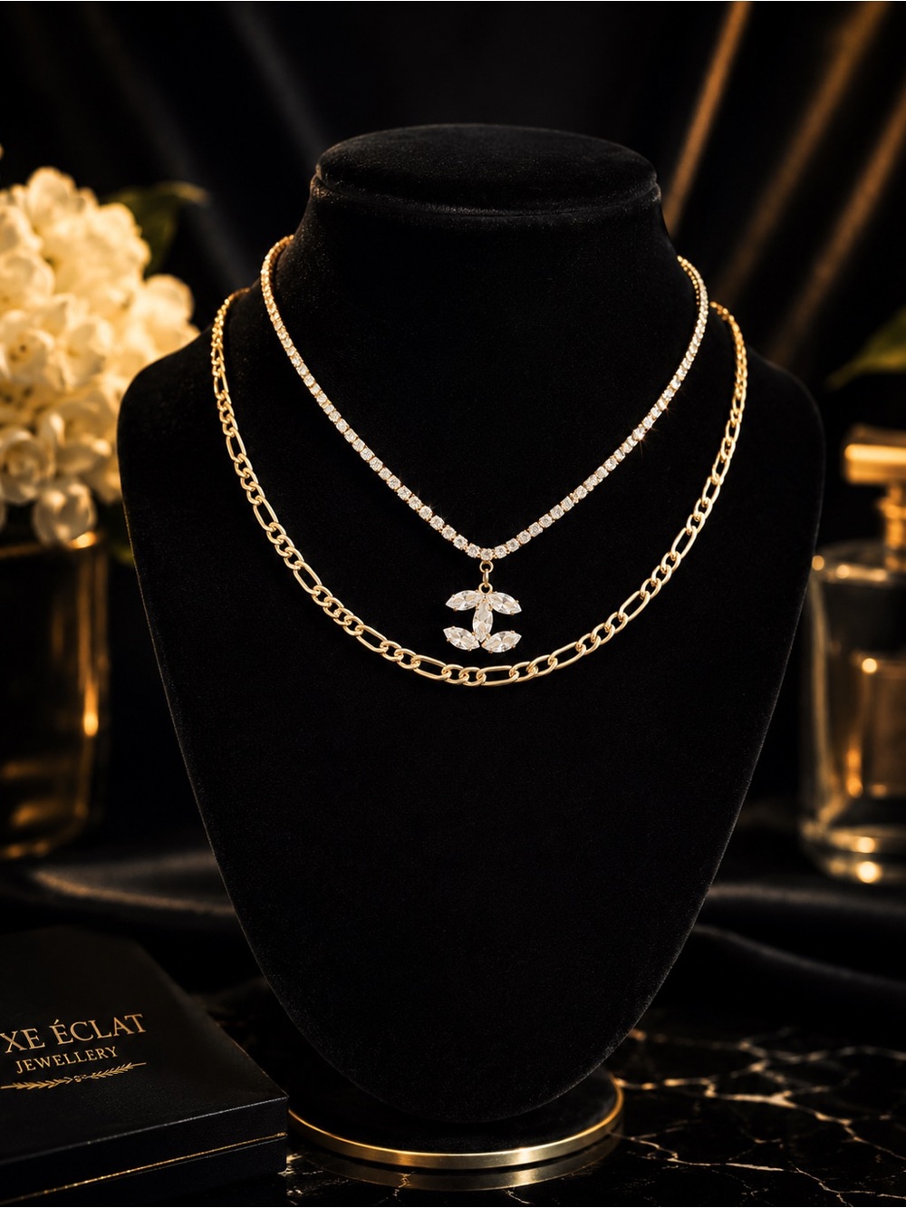 Gold Crystal Pendant Layered Necklace Set